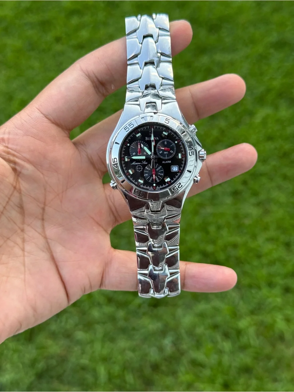 Bulova marine star Silver men’s  Watch with Black Dial and Red Accents